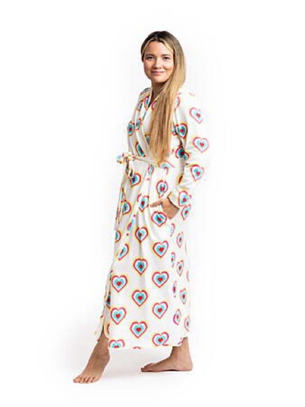 Paris Hilton White Heart-Print Long Robe with Multicolor Hearts